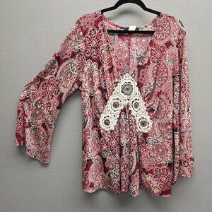 Midnight Velvet Blouse Womens Large Red Boho Lace Crochet Embellished Top Floral